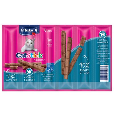 Vitakraft CatStick healthy, 6 sticks, 95% meat & fish, plaice & omega 3, sugar-free recipe, grain-free, MSC certified.